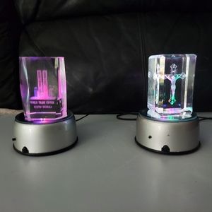 WORLD TRADE CENTER & JESUS CROSS 3D ETCHED INSIDE GLASS & LIGHT-UP BASE ROTATES